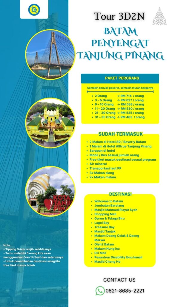 Tour 3 Hari 2 Malam Batam – Penyengat – Tanjung Pinang, Paket Wisata Hemat mulai RM 483orang termasuk hotel, transportasi & destinasi populer – Booking sekarang hubungi 📞 0821-8685-2221