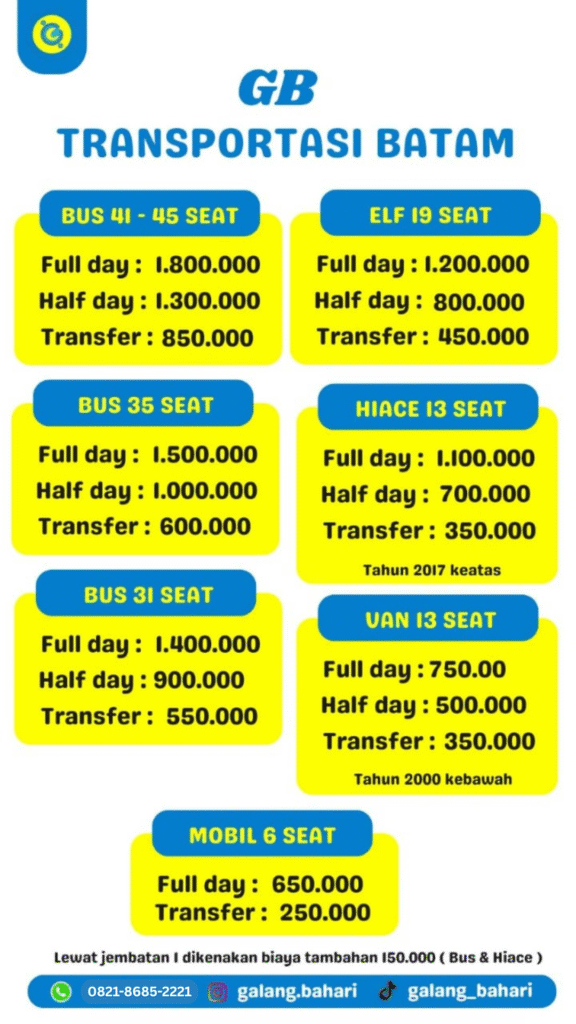 Sewa Transportasi Batam Bus 45 Seat, Bus 35 Seat, Elf 19 Seat, Hiace, Van & Mobil Murah – Hubungi 0821-8685-2221